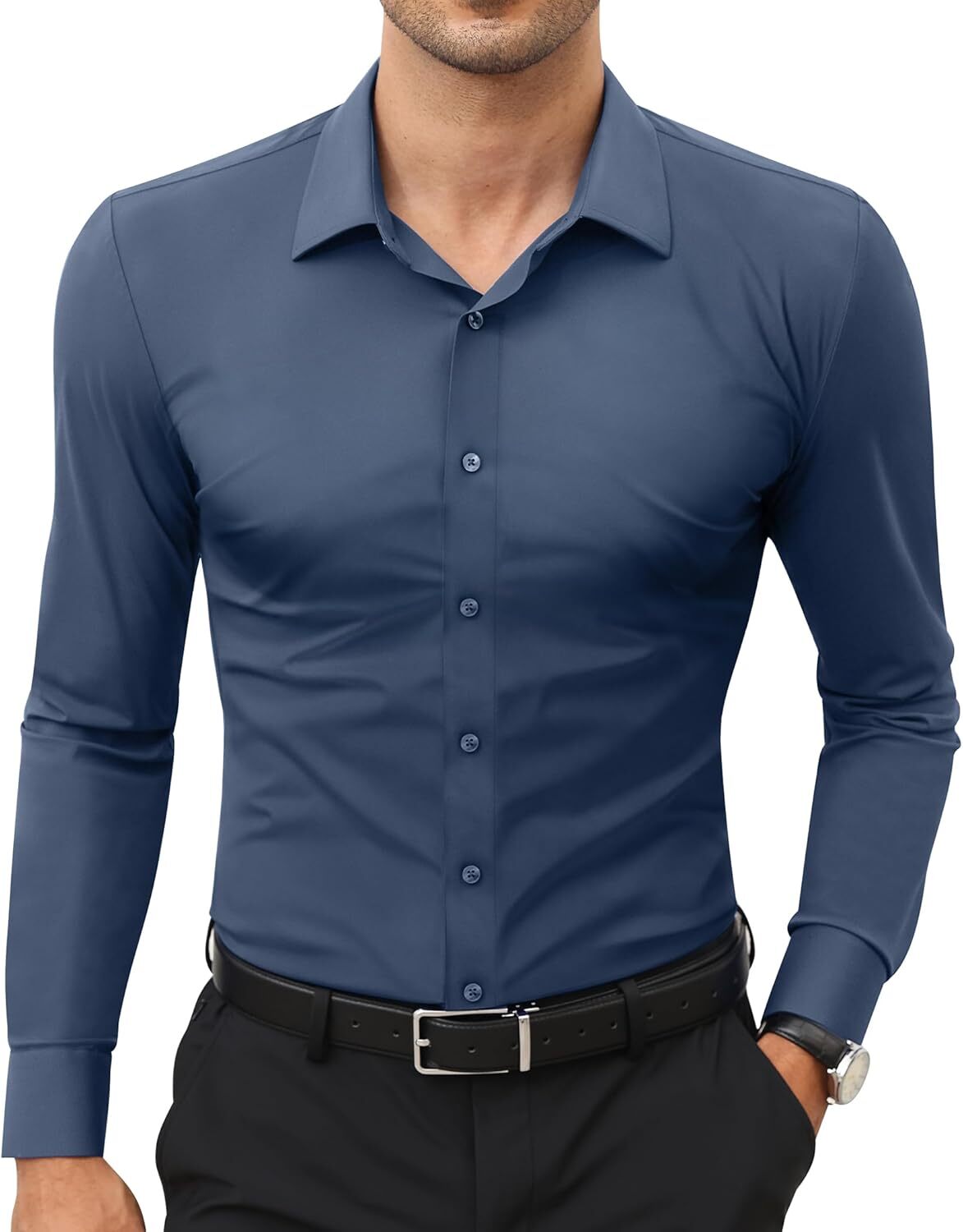 Stretch Slim Fit Wrinkle Free Long Sleeve Dress Shirt for Men Button Down