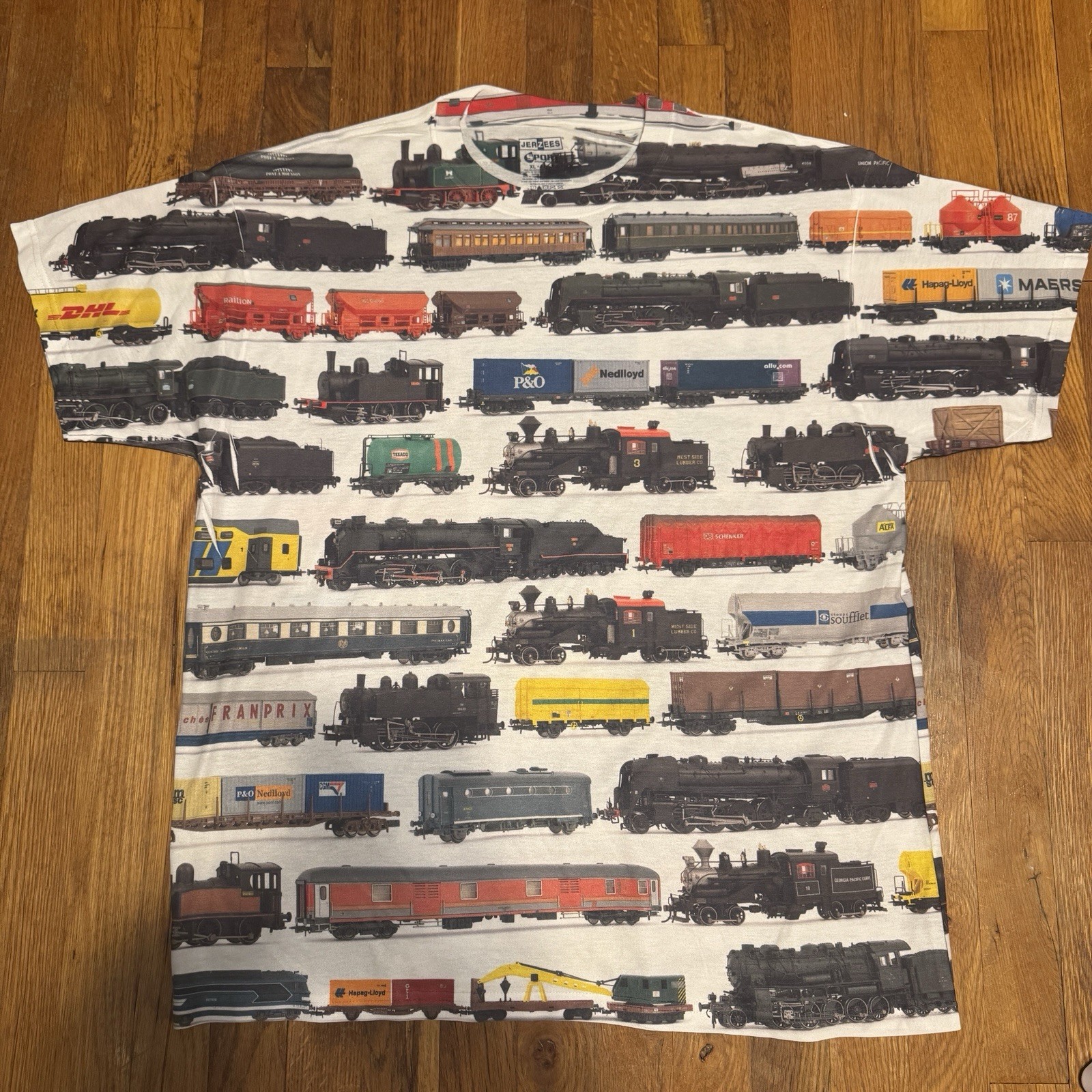 Vintage Y2K Train All Over Print Shirt XL Jerzees Steam Locomotive Railfan Tee