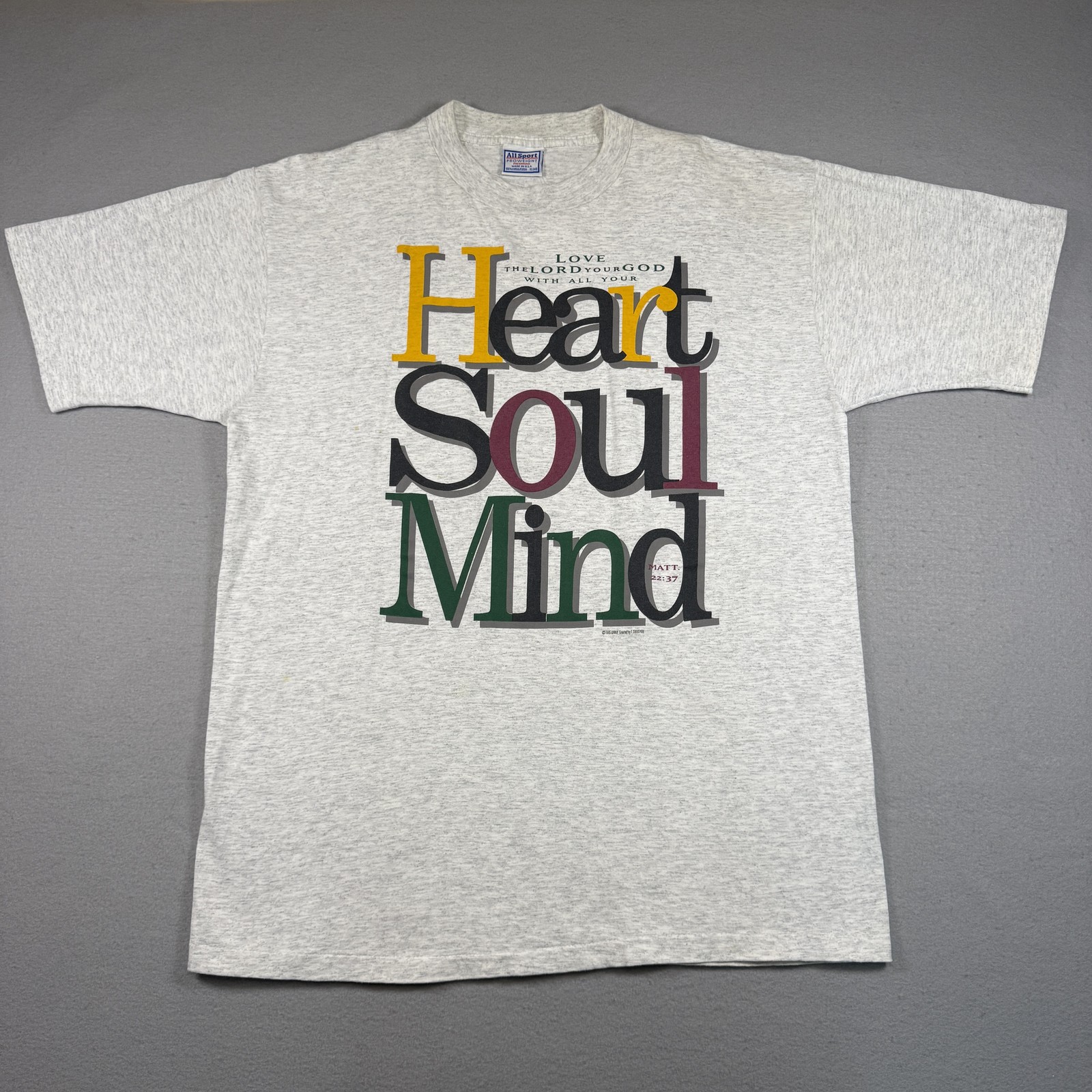 All Sport T-Shirt Men’s XL Gray Jesus Religion Heart Soul Mine Vintage 1995