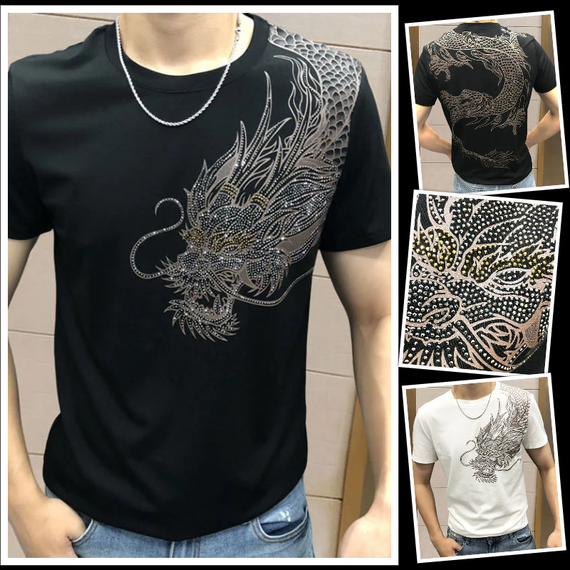 New Fashion Dragon Rhinestone Summer Short Sleeve Luxury Black White Men T-Shirt
