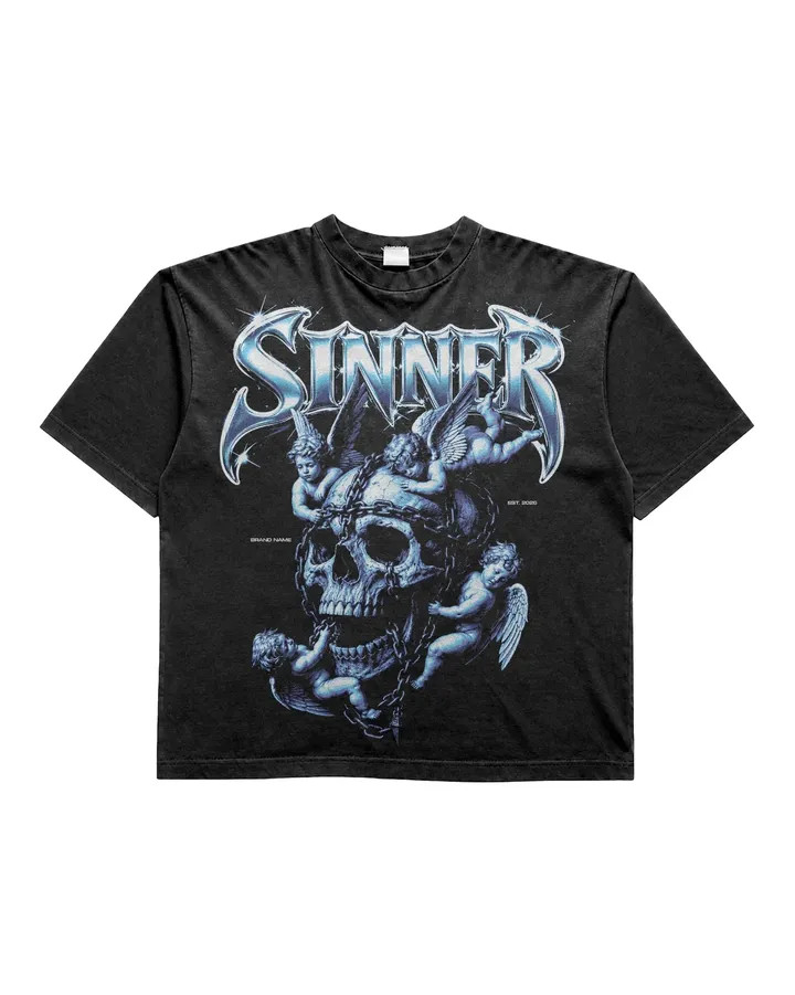 Men’s Vintage Washed Graphic T-Shirt Skull Cherub Print Gothic Streetwear Tee