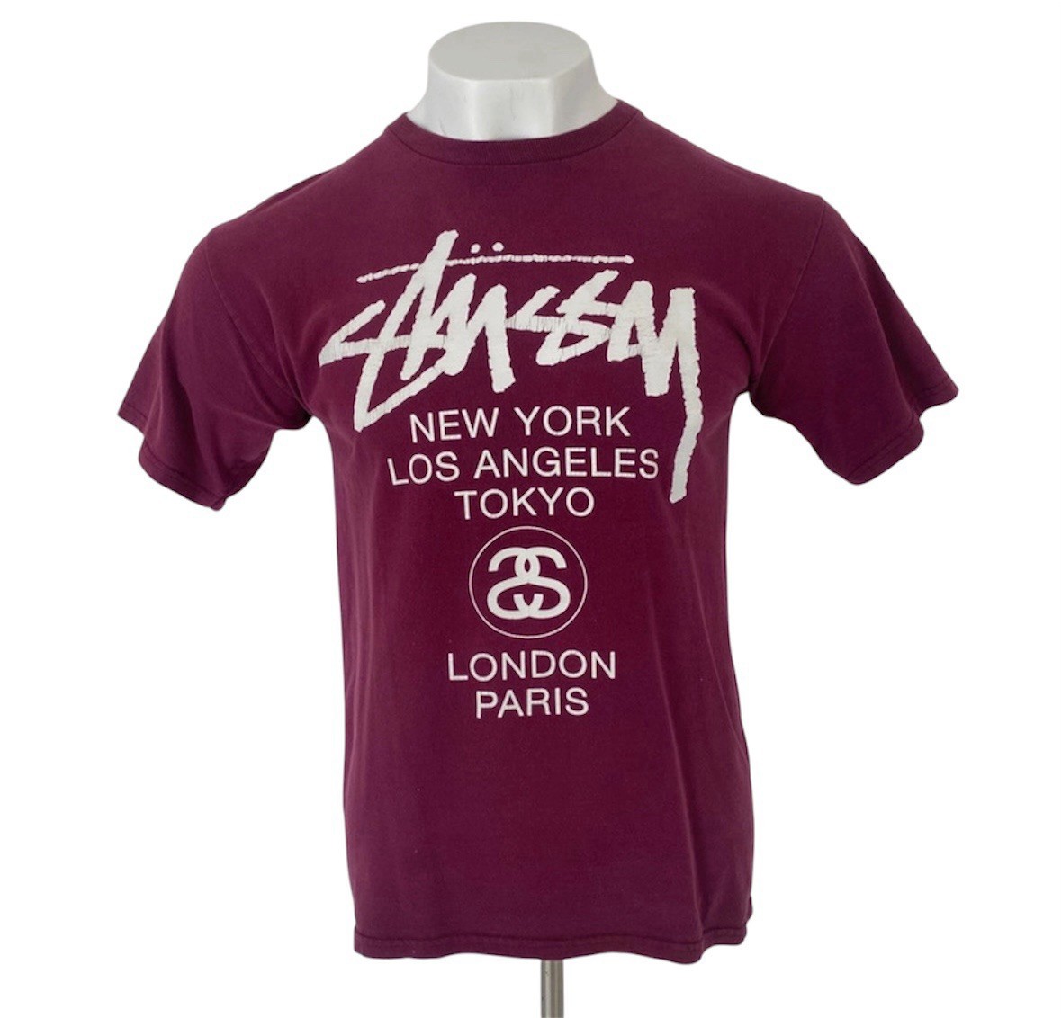Stussy World Tour T Shirt Wine Red Medium Men’s Crew Neck Tee Spellout