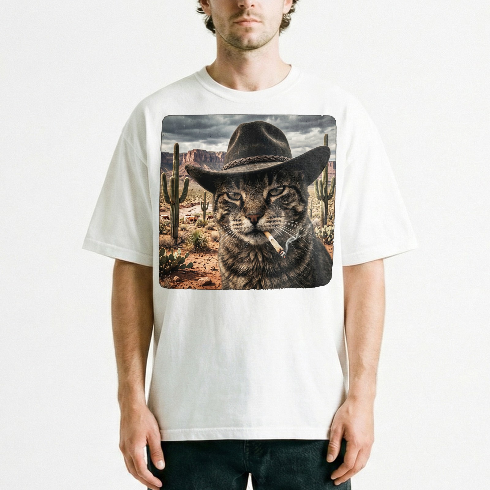 Cowboy Cat Cowboy Hat T-Shirt Western Outlaw Smoking Desert Tee