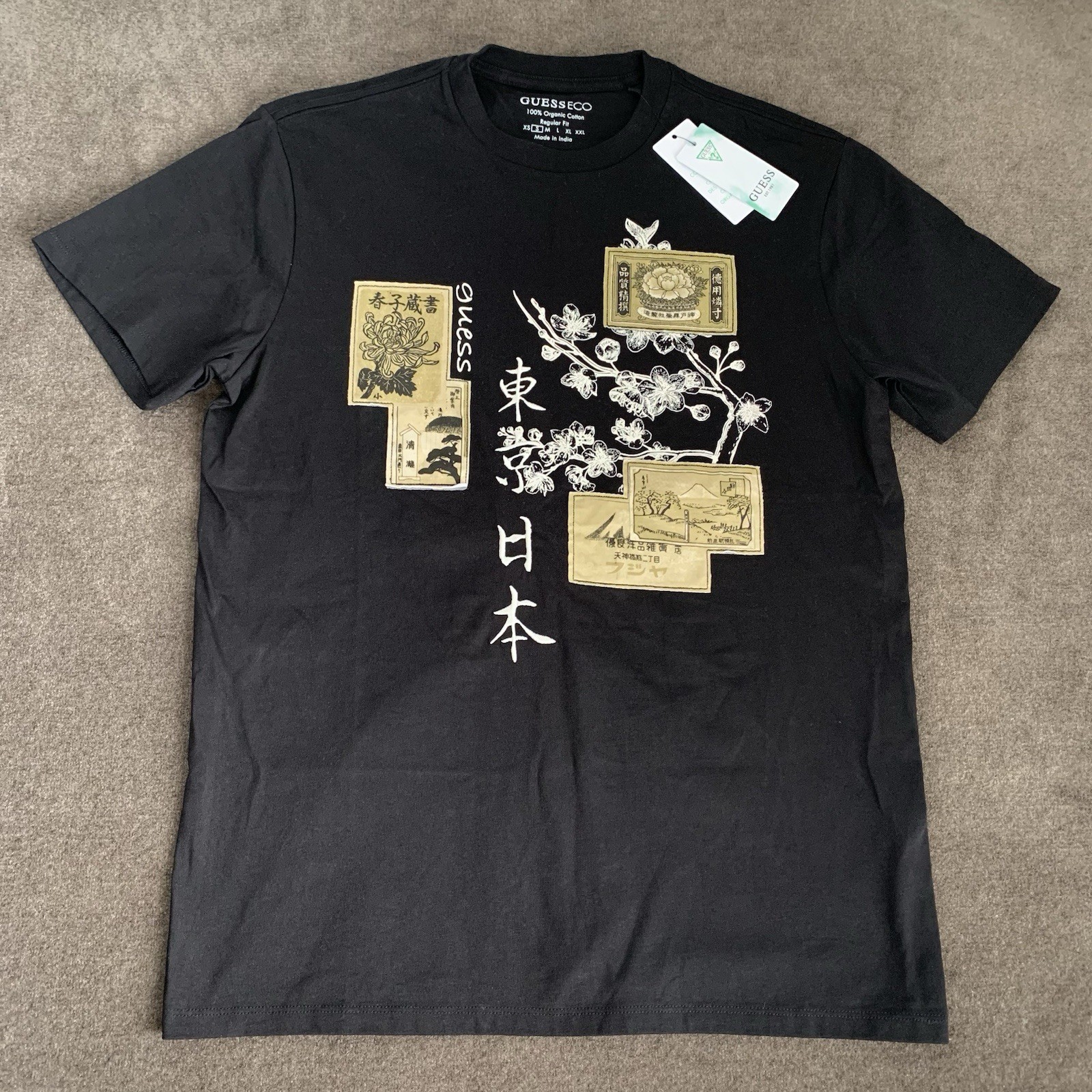 GUESS Men’s Small S T-Shirt Short Sleeve Black Crewneck Japanese Stamps Blossoms