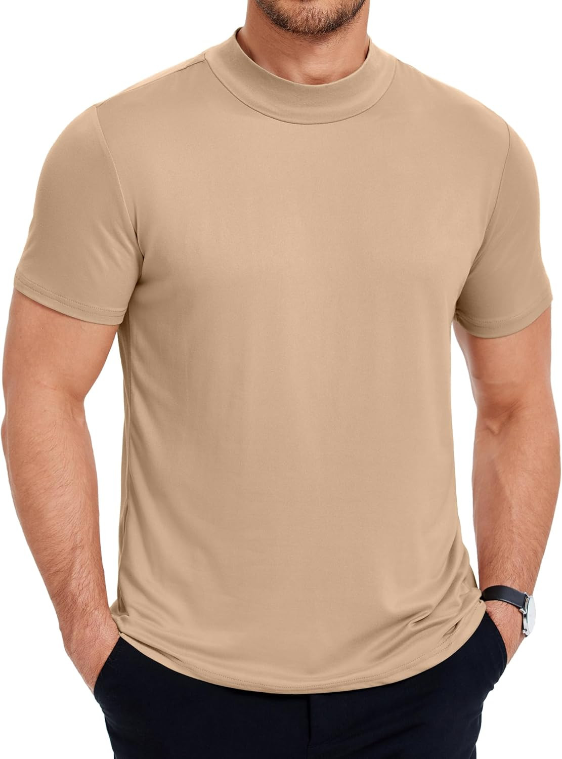 Men’S Mock Neck T Shirt Short Sleeve Slim Fit Basic Casual T-Shirts Solid Color