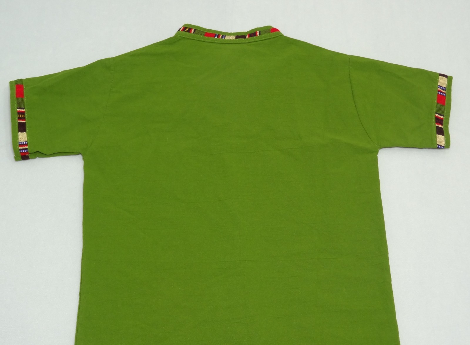 Artisanal Guatemalan Colorful Trim Shirt Green Cotton Mayan Men’s M / Women’s L