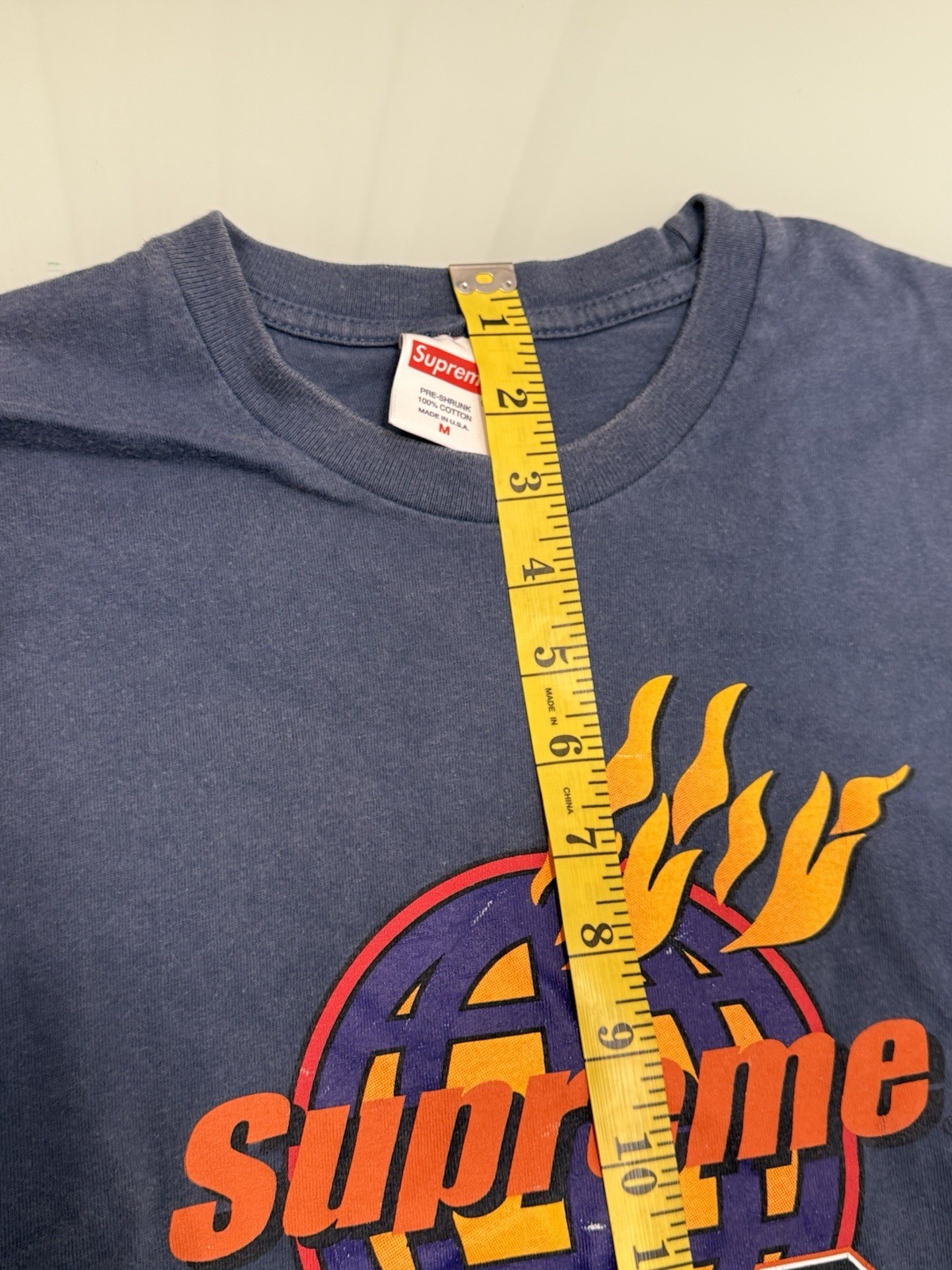 Supreme FW17 Flames Blue T-Shirt Size Medium Distressed Faded See Pics