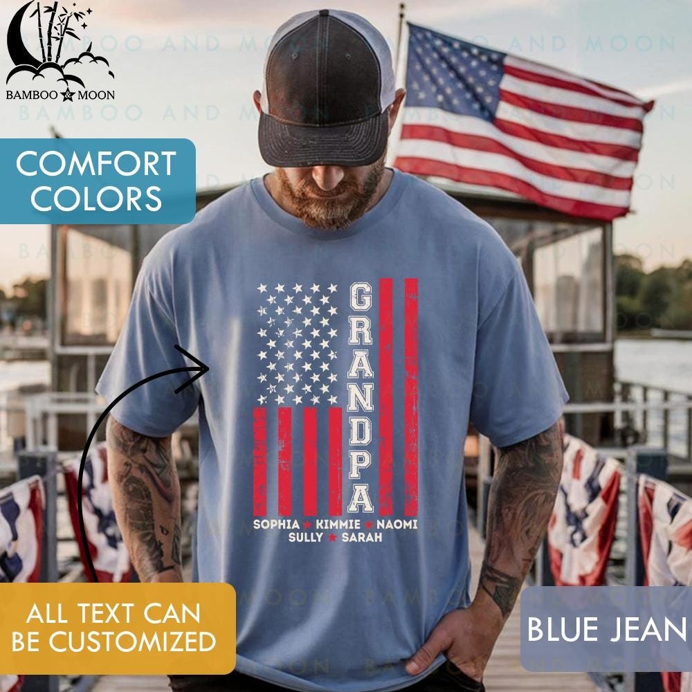 Personalized Grandpa USA Flag Shirt with Grandkids Names 4th of July