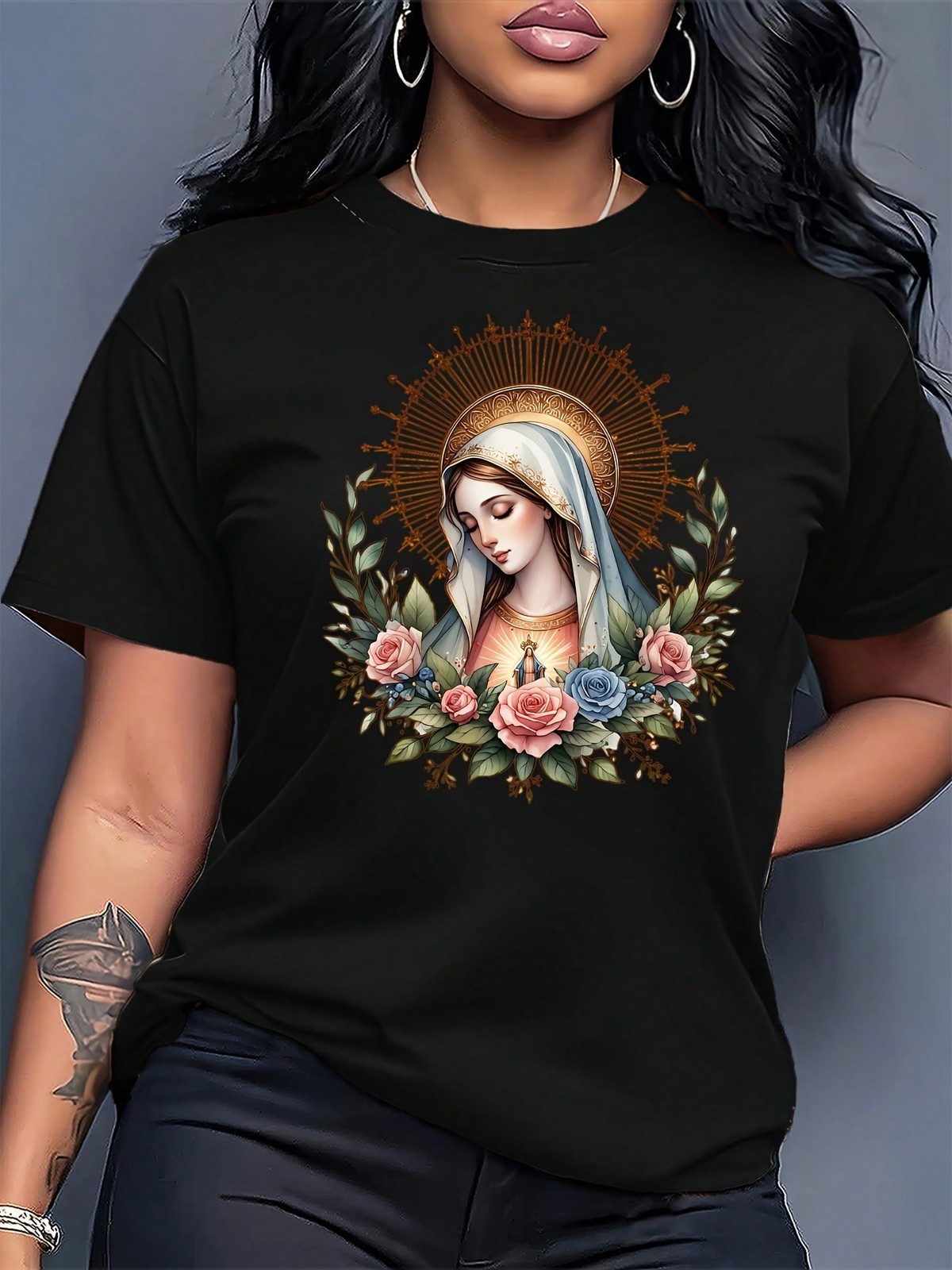 Women’s Short-Sleeve Top With Virgin Mary Floral Print, Round Neck