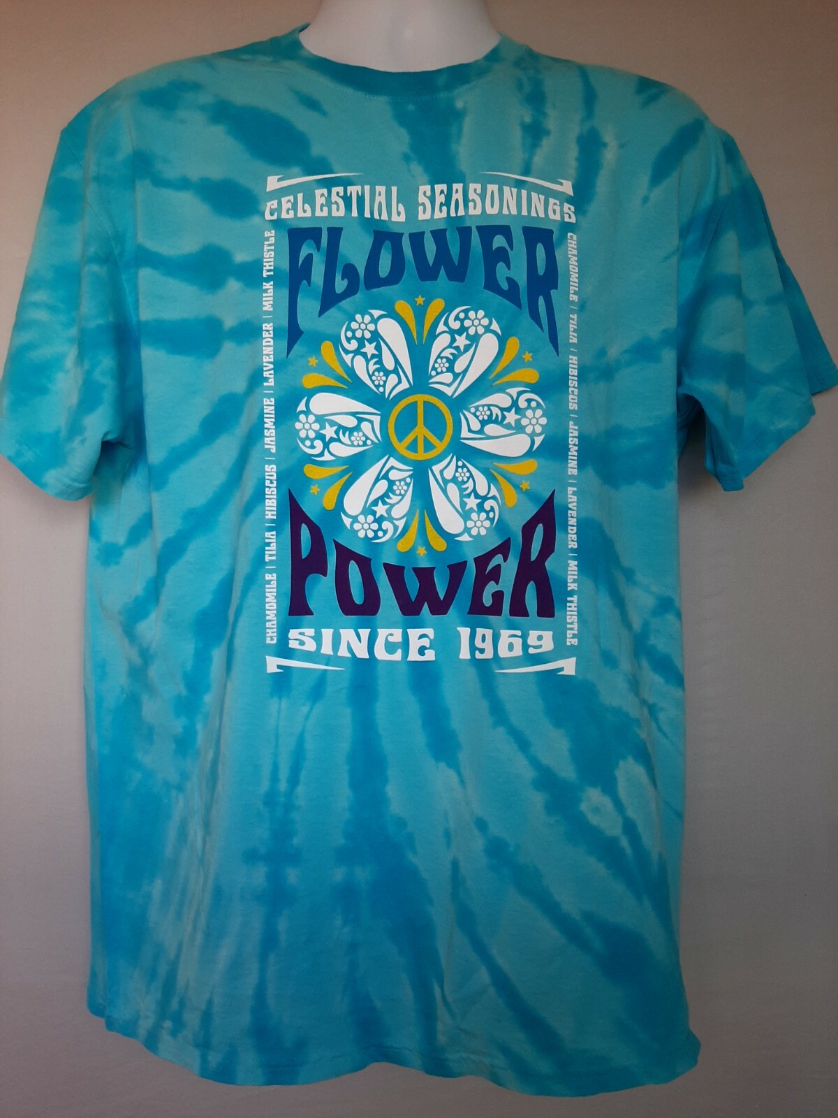 CELESTIAL SEASONINGS TEA “Flower Power” Tie-dyed T-Shirt, NEW w/Tags 100% Cotton