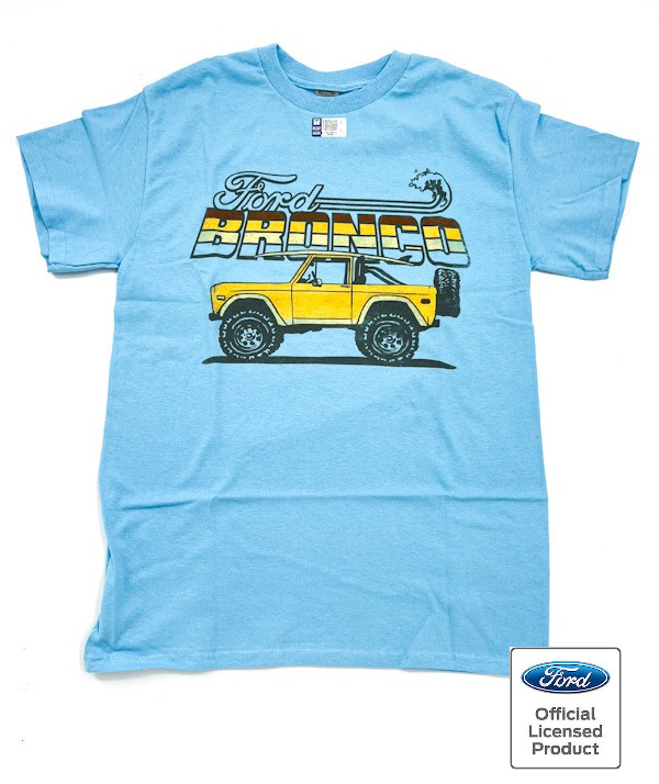 Sky Blue T-Shirt – Yellow Ford Bronco Beach Surfboard Scene w/ Script Emblem