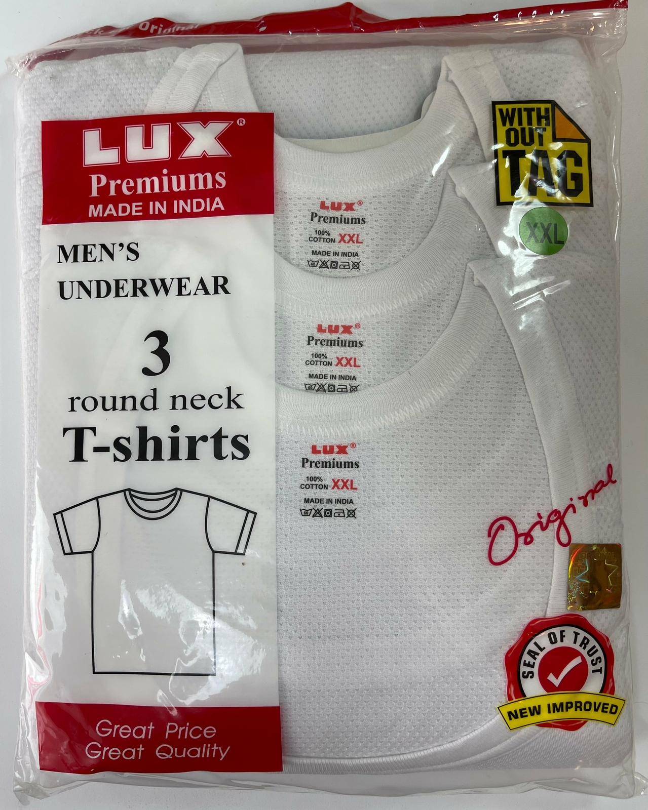 LUX PREMIUM JALI 100% COTTON MEN`S TEXTURED T- SHIRT WHITE PACK OF 3 PCS