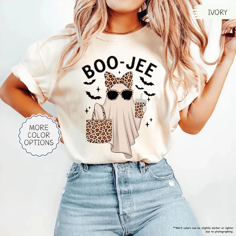 Funny Ghost Halloween Shirt Leopard Bow Coffee Graphic Tee Gildan Unisex Gift