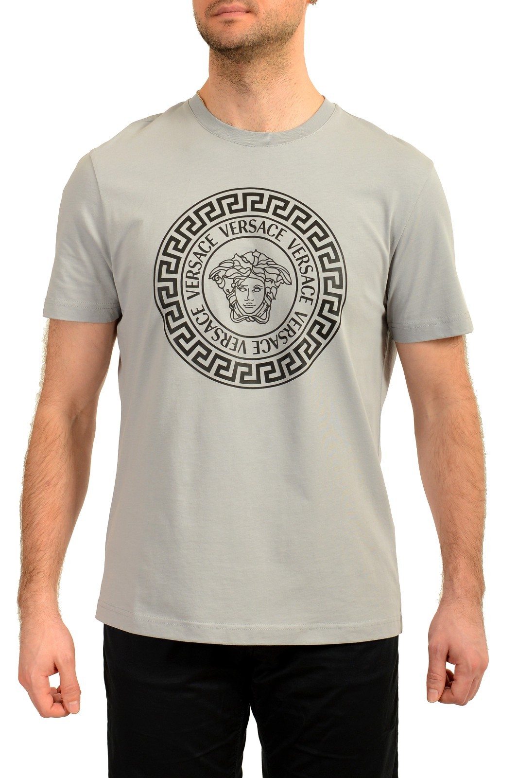 Versace Men’s Gray Logo Print Crewneck Short Sleeve T-Shirt US 2XL IT 56