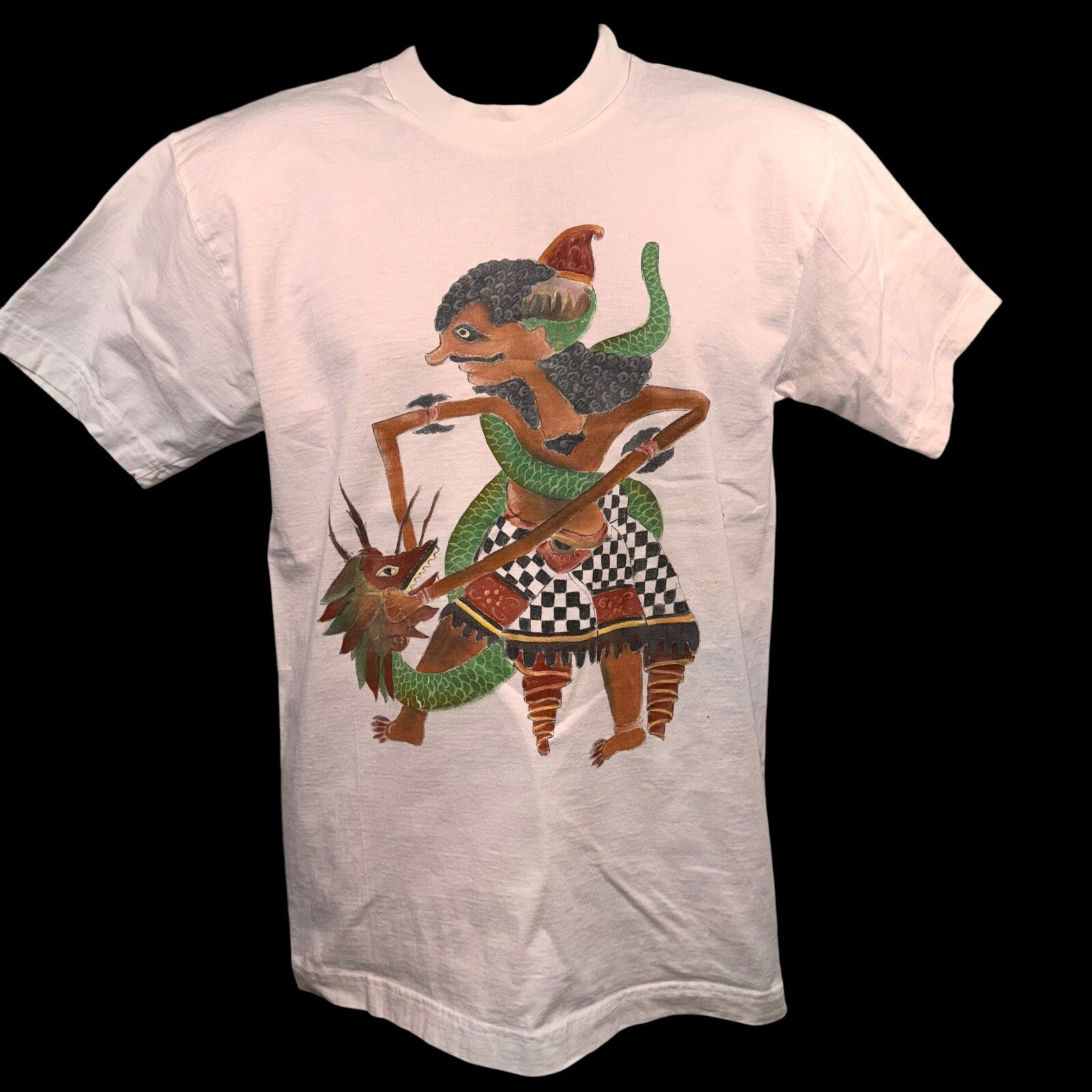 Vintage Hand Painted Bima Vs. Snake Javanese Mythology White T-Shirt Size Small