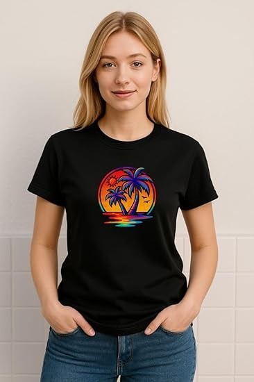 Tropical Sunset Palm Tree T-Shirt – Unisex Black Rainbow Beach Graphic Tee