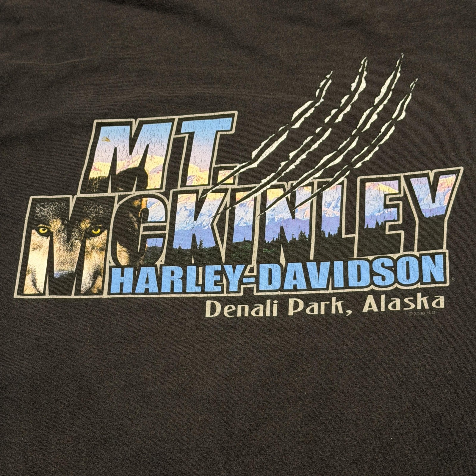 Harley-Davidson Shirt Mens XL Black Mt McKinley Denali Park Alaska Wolf USA VTG