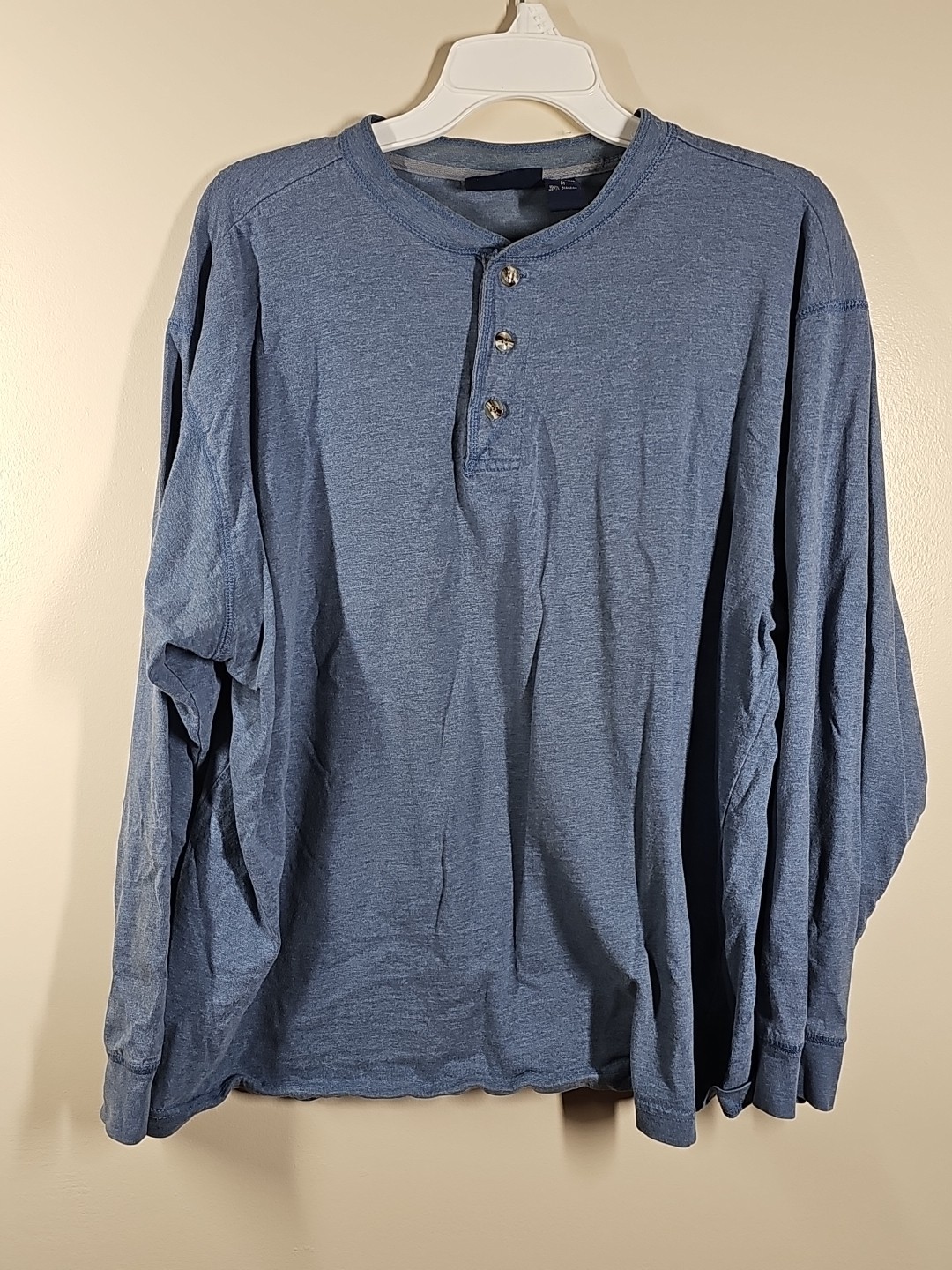 Vintage Basic Editions Shirt Mens Medium Blue Henley Long Sleeve 100% Cotton