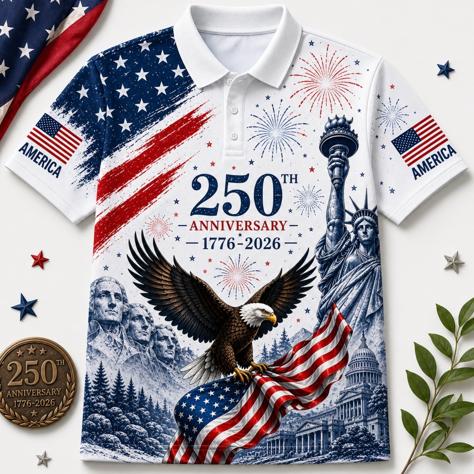 USA 250th Anniversary Golf Polo Shirt 1776-2026 American Flag Patriotic (S-5XL)