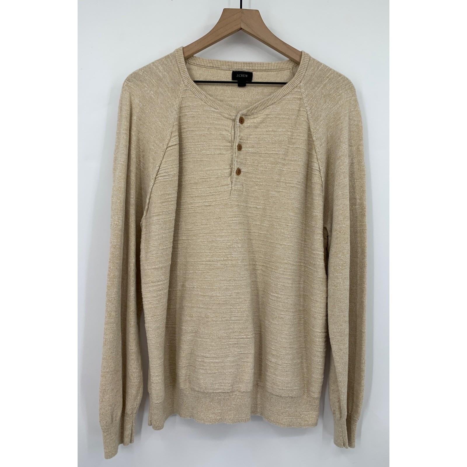 J Crew Shirt Mens Large Tan Textured Henly 100% Cotton Neutral Casual