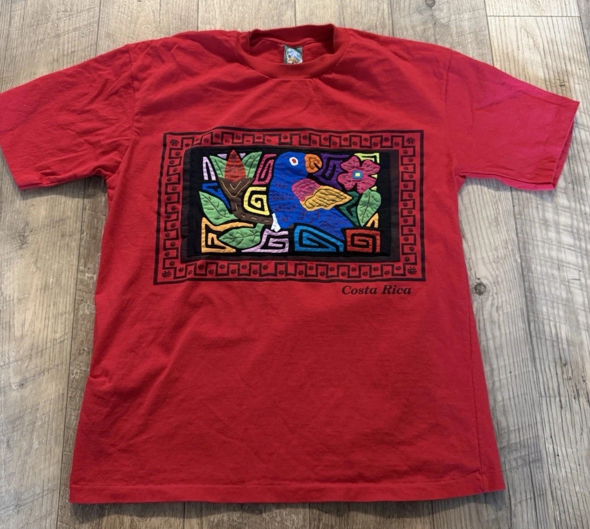 Vintage 90s Costa Rica Parrot Large Red Single Stitch Embroidered Tshirt