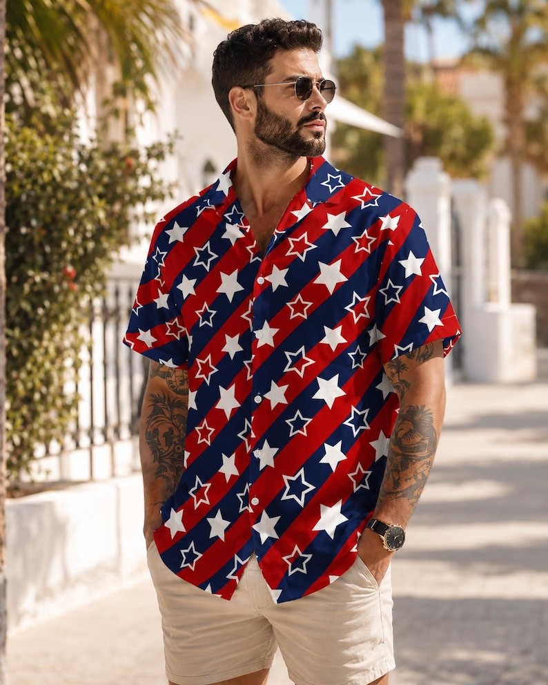 Patriotic Star Hawaiian Shirt For Men, 4th Of July Button Up Shirt