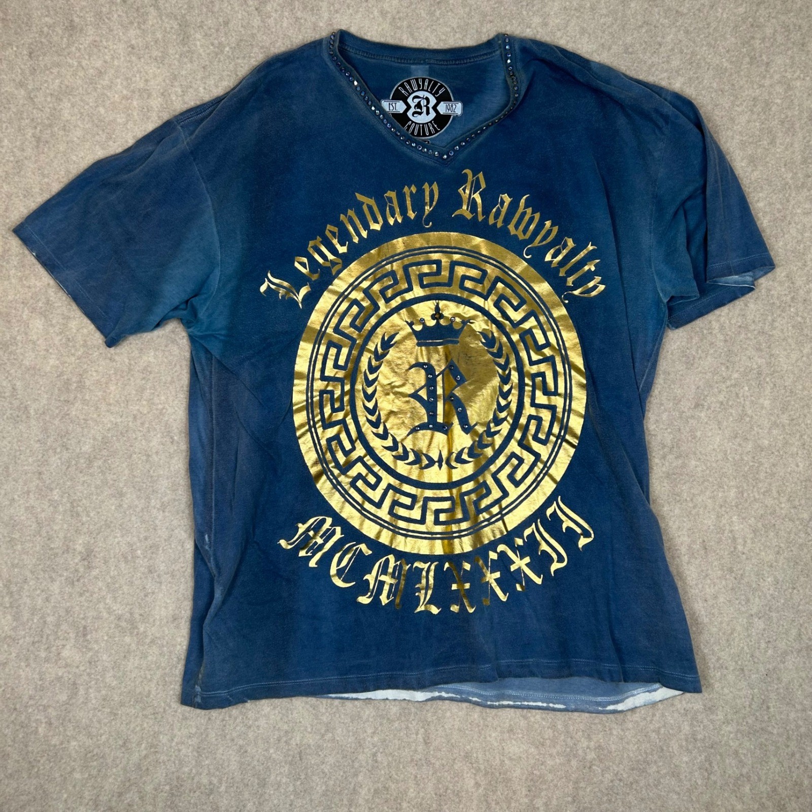 Rawyalty Couture T-Shirt Mens 3X Blue Gold Foil Rhinestone V-Neck Streetwear