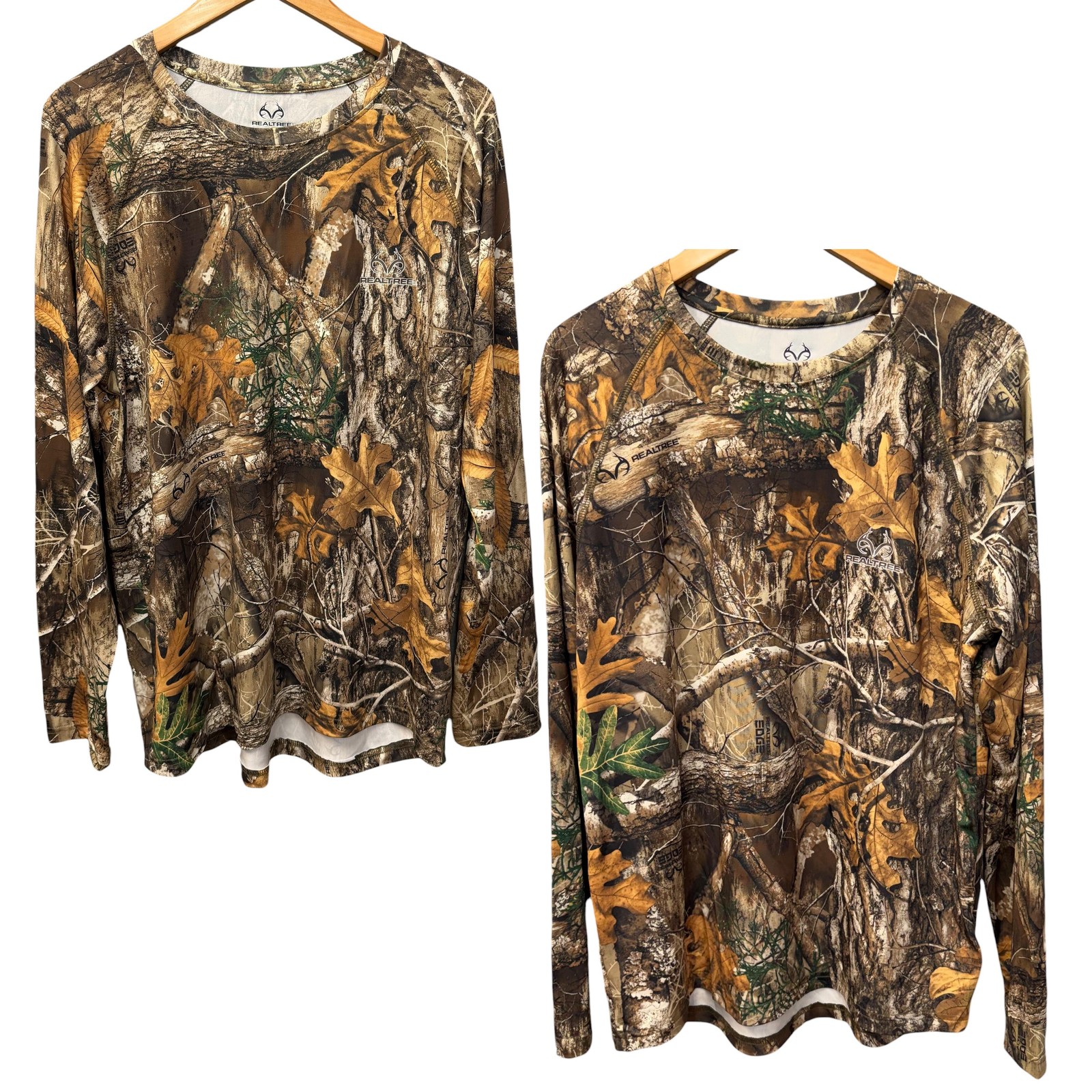 Realtree Shirt Mens L Brown Camo LOT OF 2 Long Sleeve Crewneck Polyester Spandex