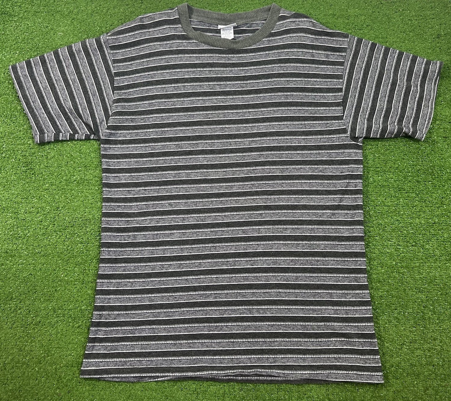 Vintage 80s Basic Edition Striped Shirt L 90s 100% Cotton Knit Tee Ribbed Collar