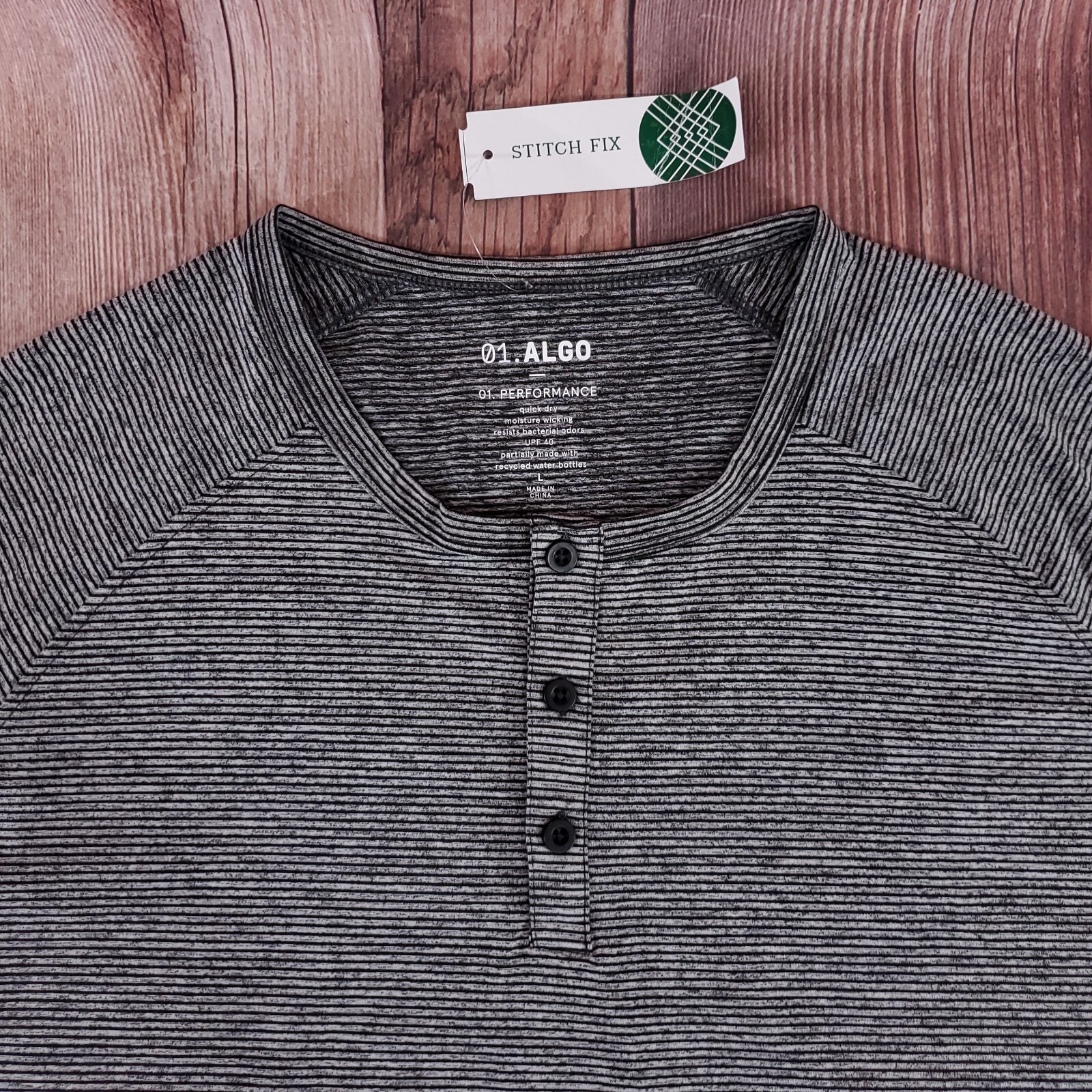 NWT 01.ALGO Mens Large Kris Performance Microstripe Henley Stitch Fix Gray Black