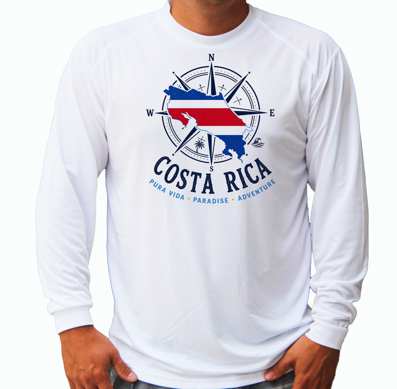 Costa Rica Flag Map Fishing Beach Vacation Long Sleeve UPF 50 T-Shirt UV
