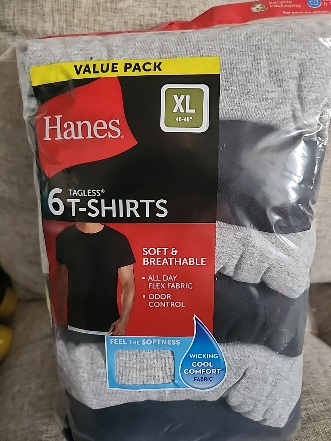 Hanes 6-pack Mens Crew Neck T-Shirt 100% Cotton Crewneck Tees Black/Gray XL