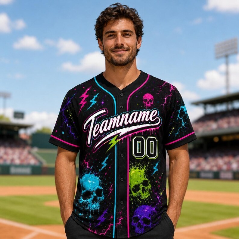 Custom Neon Skulls Lightning Baseball Jersey Personalized Name Number Shirt Kids