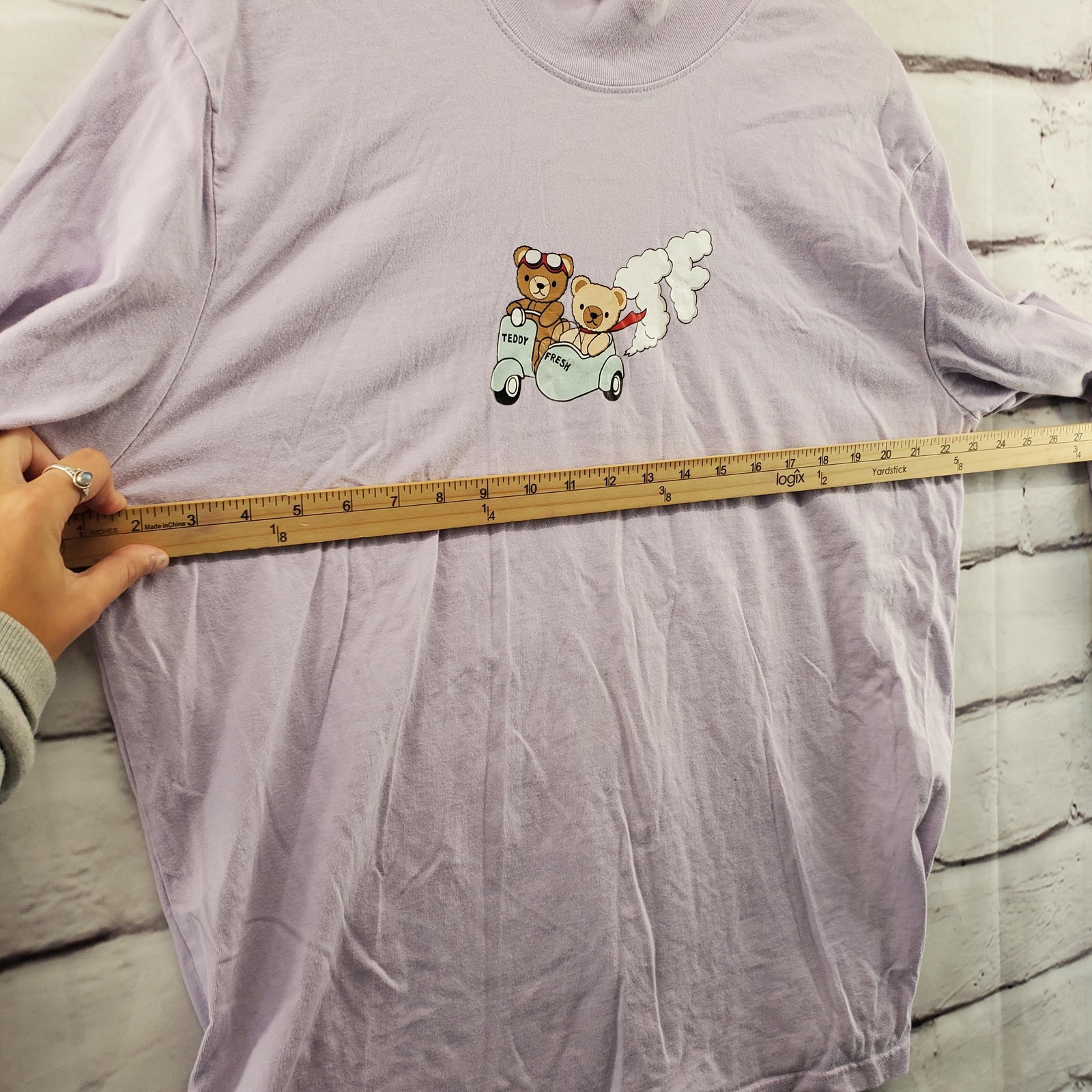 Teddy Fresh Shirt Mens XL Lavender Long Sleeve Mock Neck Embroidered Bear