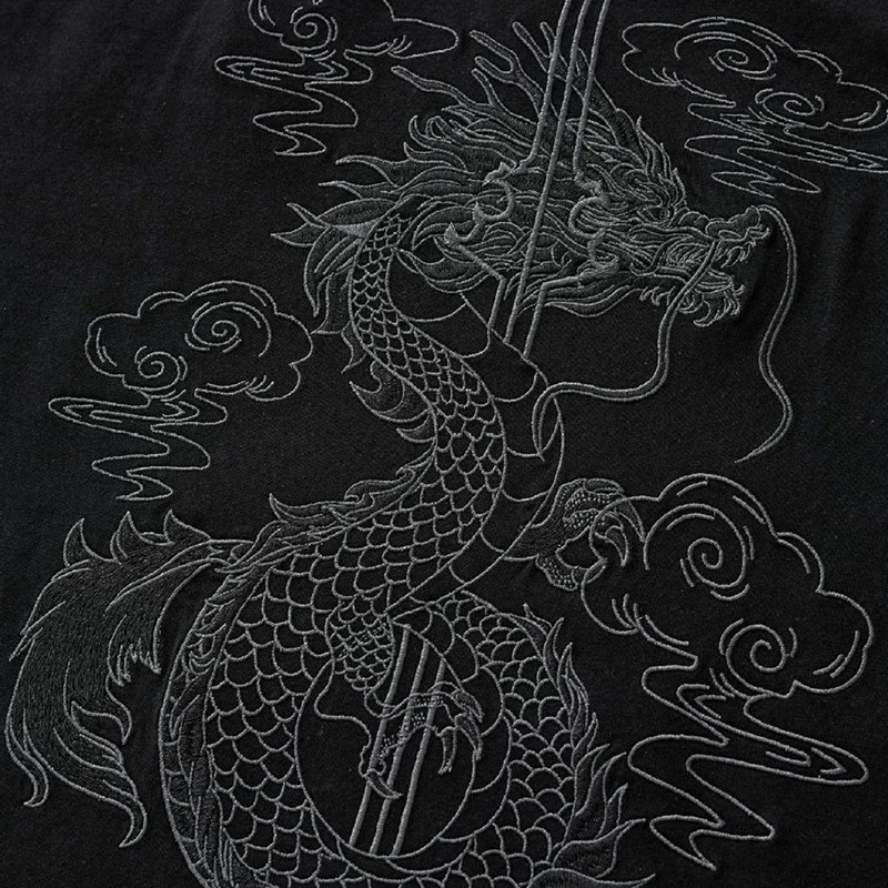Men’s Dragon Sword Embroidered Cotton Short Sleeve T-Shirt Loose Casual Tee