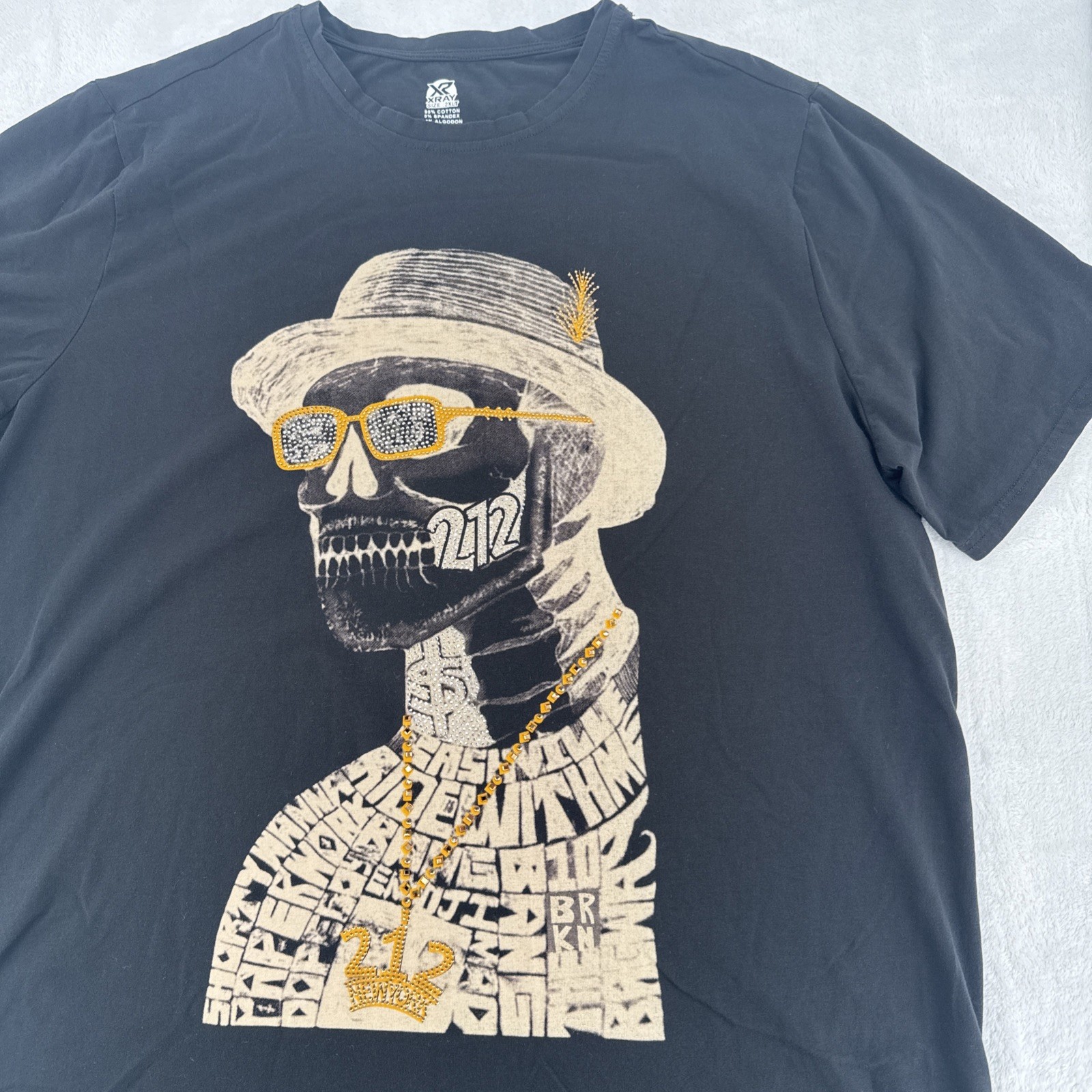 XRAY New York 212 SKULL SEQUINS W/SUNGLASS HAT T-Shirt 2XL LT Stretch Blend