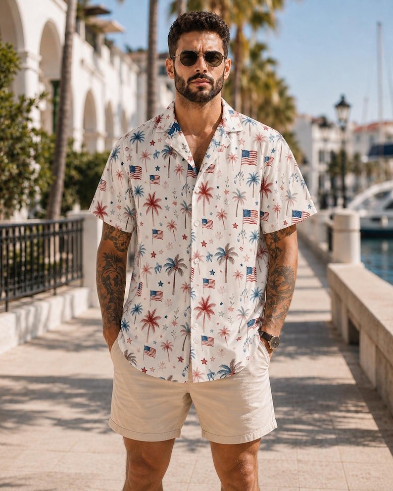 Patriotic Palm Tree Hawaiian Shirt For Men, American Flag 4th Of July Button Up