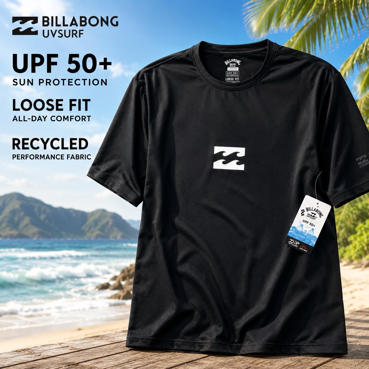 Billabong NWT UV Surf Shirt Mens XL Black UPF 50+ Loose Fit Rash Guard