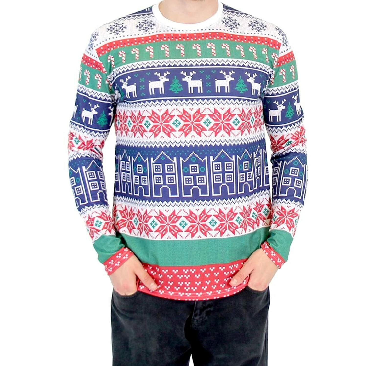 Adult Holiday Winter Fresh Houses Pattern Long Sleeve Ugly Christmas T-Shirt Tee
