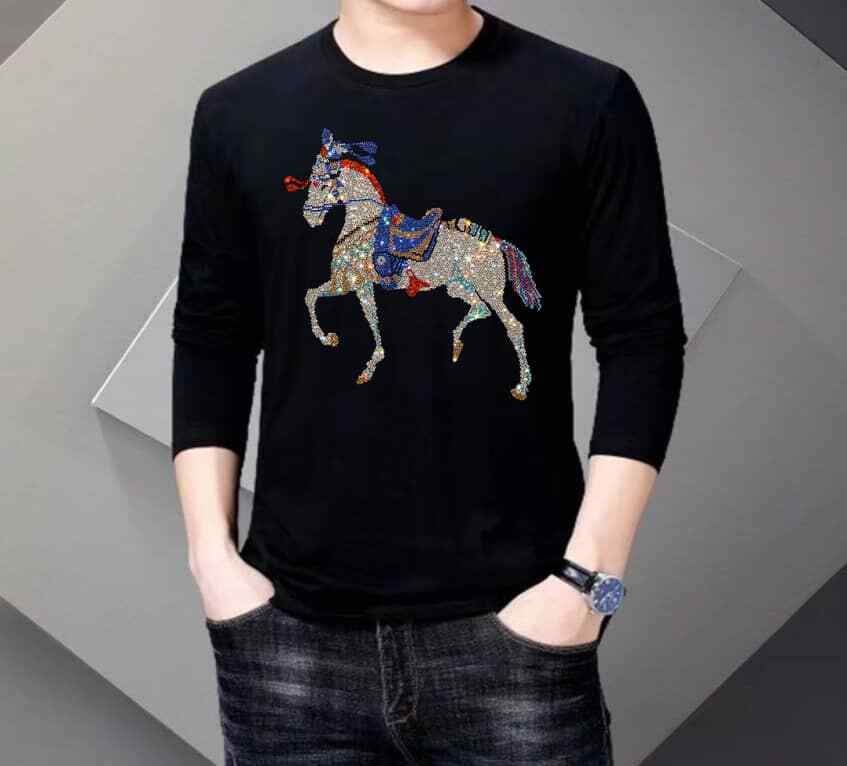 New Men Luxury Horse Rhinestones Fashion Black Long T-Shirt High Quality