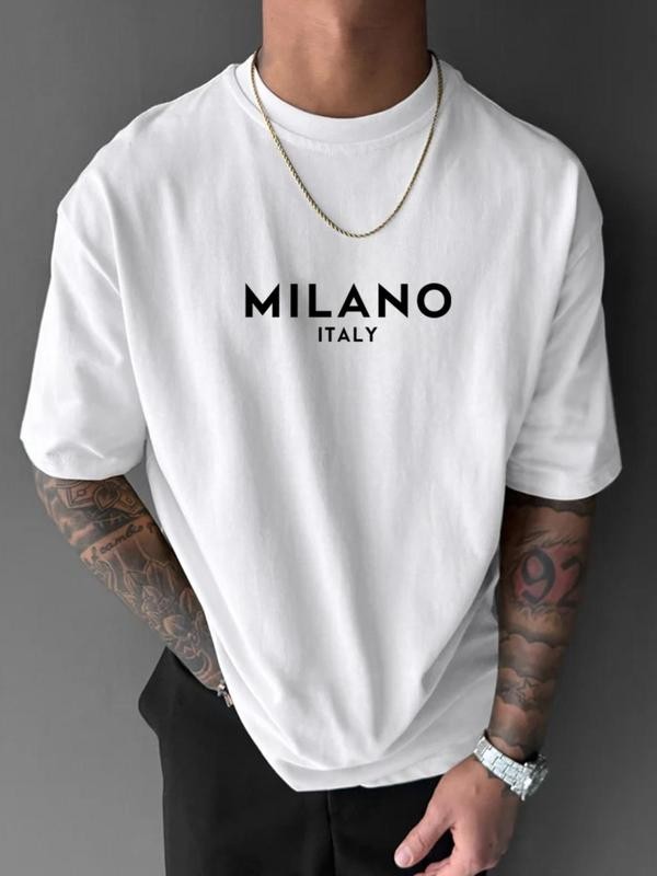 Men’s Letter Print Round Neck Tee, Regular Fit Short Sleeve T-shirt