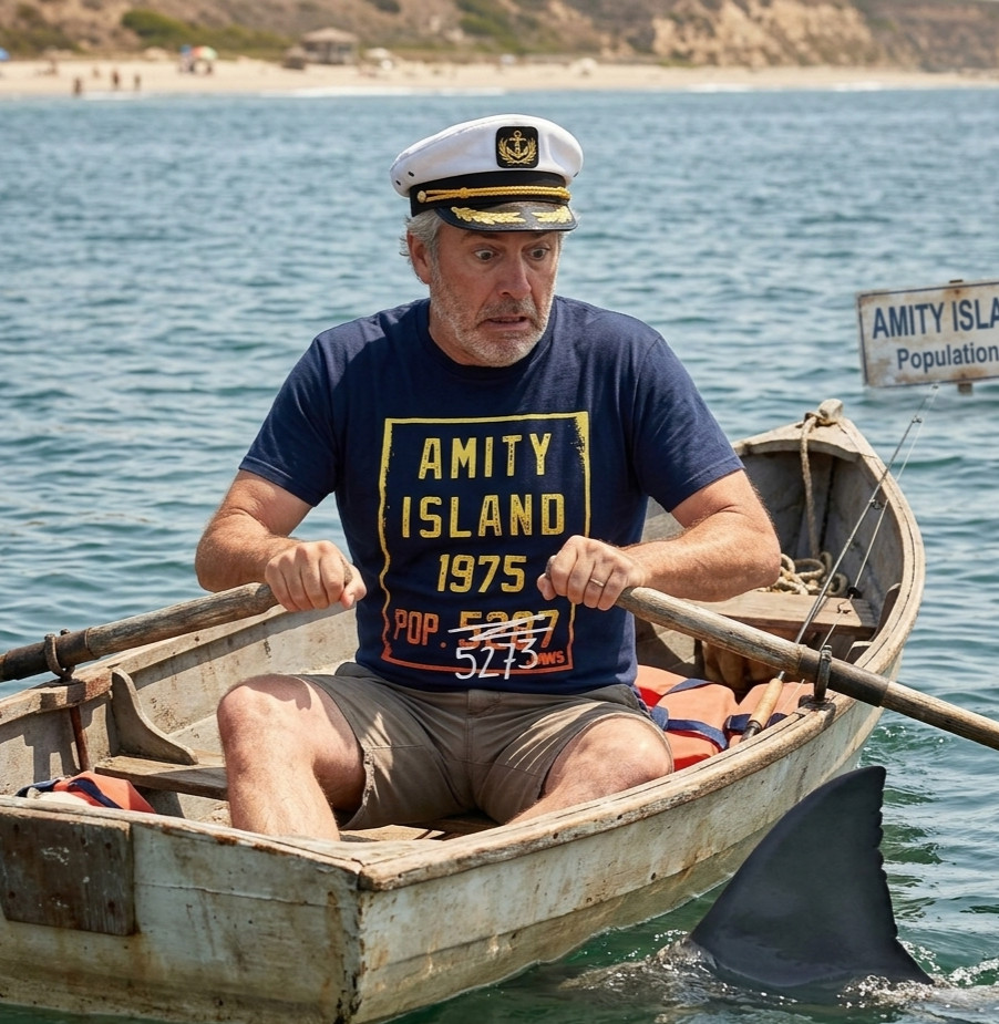 JAWS Mens Amity Island 1975 Population 5273 Shark Terror Movie Shirt New S, M