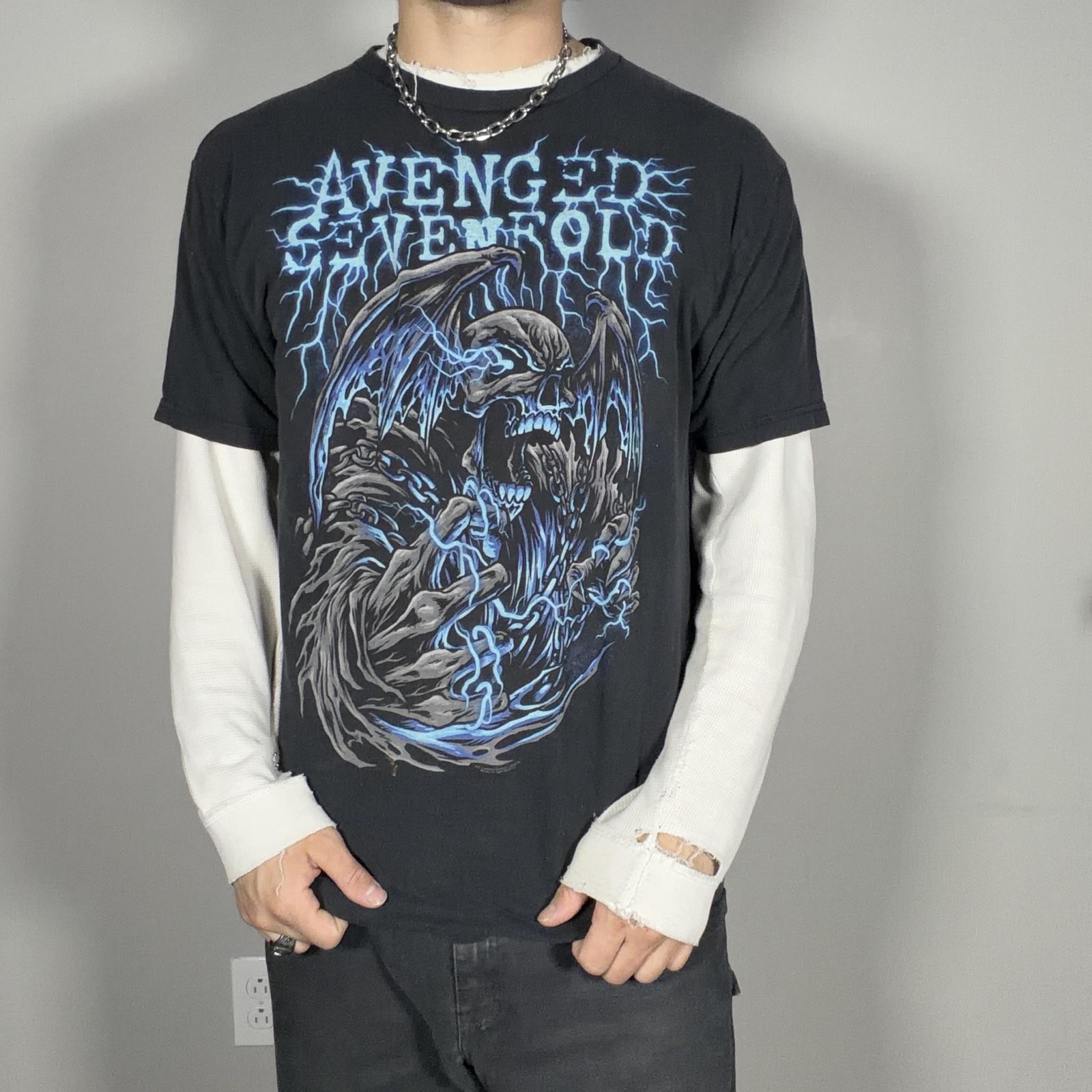 Y2K Band Tee Avenged Sevenfold Shirt Mens XL Black Skull Lightning Graphic Top