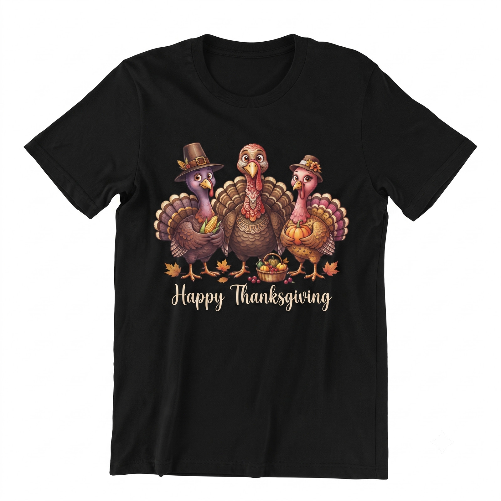 Happy Thanksgiving Three Turkeys With Corn And Pumpkin Graphic T-shirt