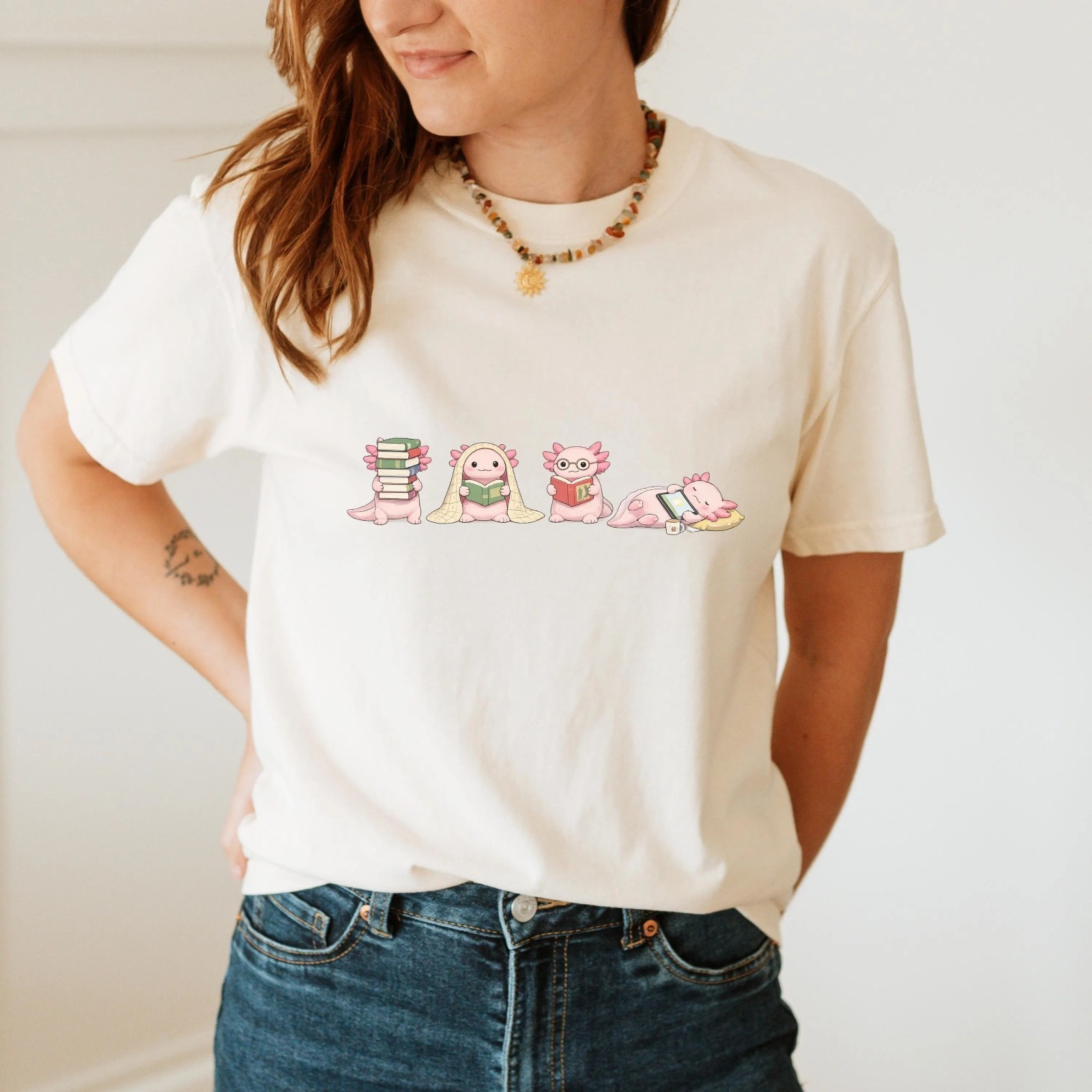 Axolotl Reading Shirt, Cute Book Lover Tee, Reading Animal Unisex T-Shirt