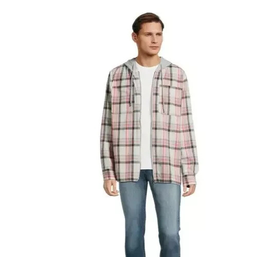 NWT No Boundaries Men’s S 34-36 Zip Hooded Gray Plaid Lightweight Flannel Shirt