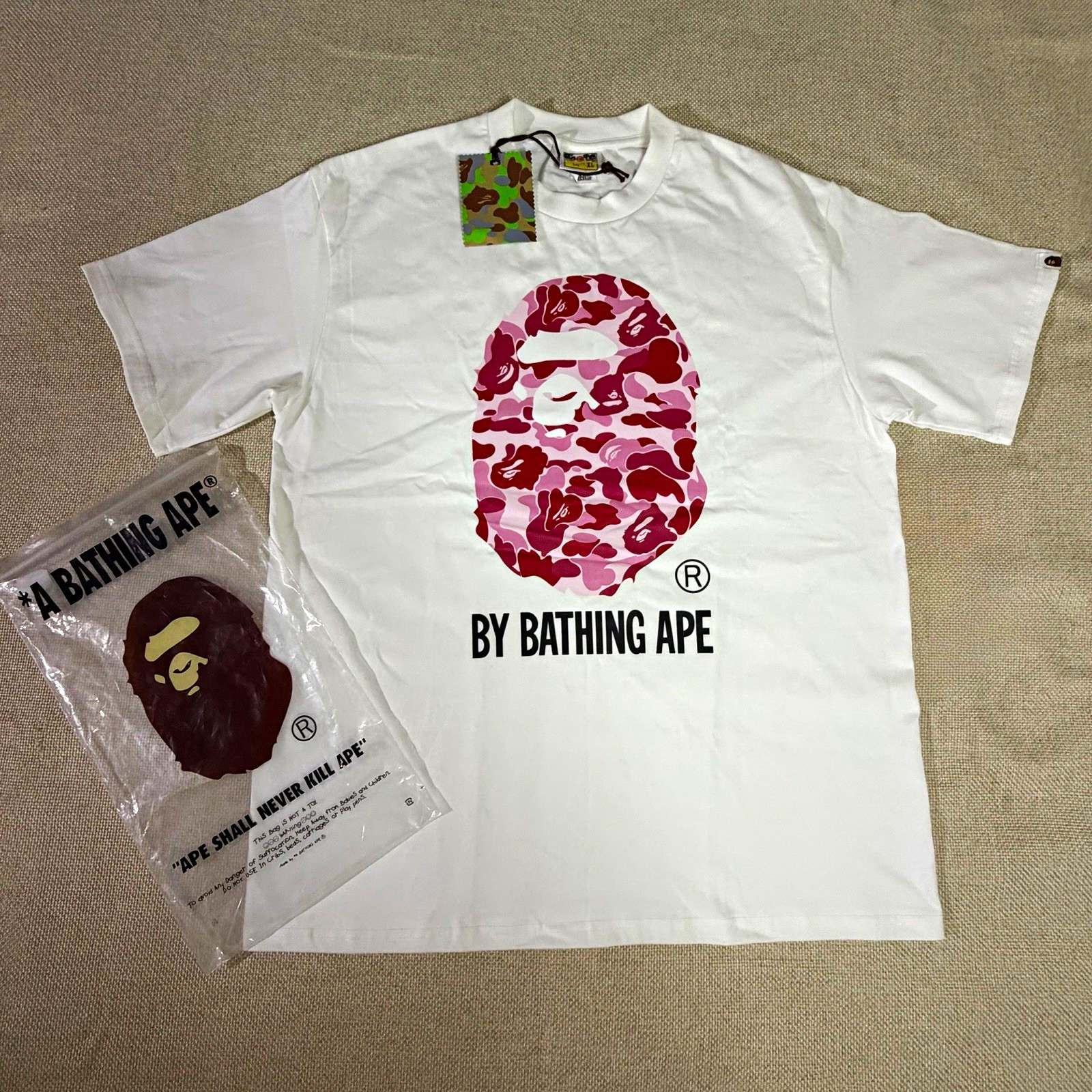 BAPE Pink Color Camo Big Ape Head White T-Shirt (NEW) Size XL