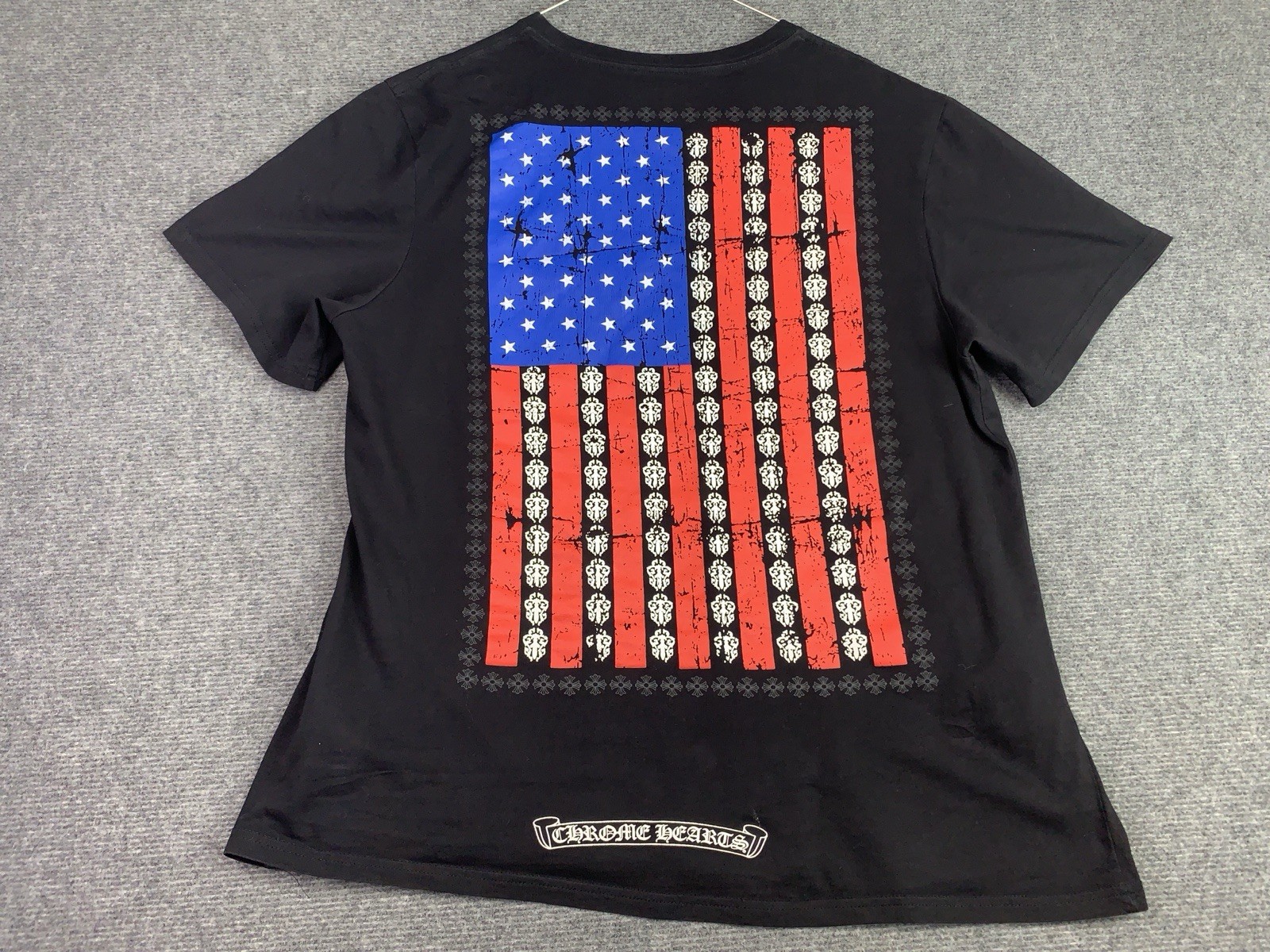 Chrome Hearts USA T-Shirt Men’s Large Black American Flag Print Crew Cotton