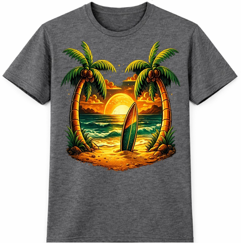 Tropical Beach T-Shirt Sunset Surfboard Graphic Palm Trees Ocean Summer tee