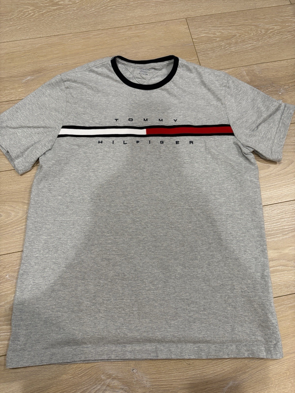 Tommy Hilfiger Gray Graphic Logo Stripe T-Shirt XL Crew Neck Short Sleeve